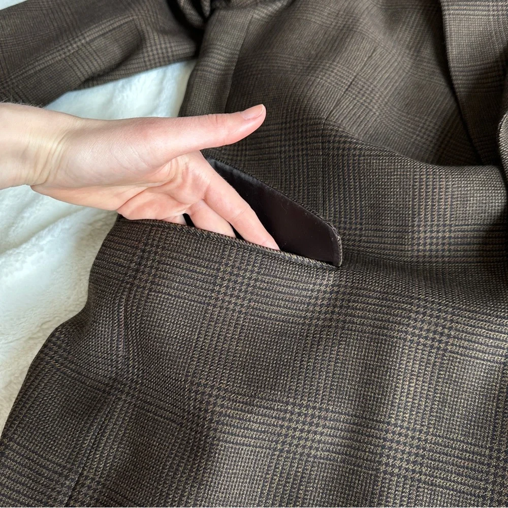 Jos A Bank 46L Beige Blue 100% Wool Sport Coat Glen Check Pattern